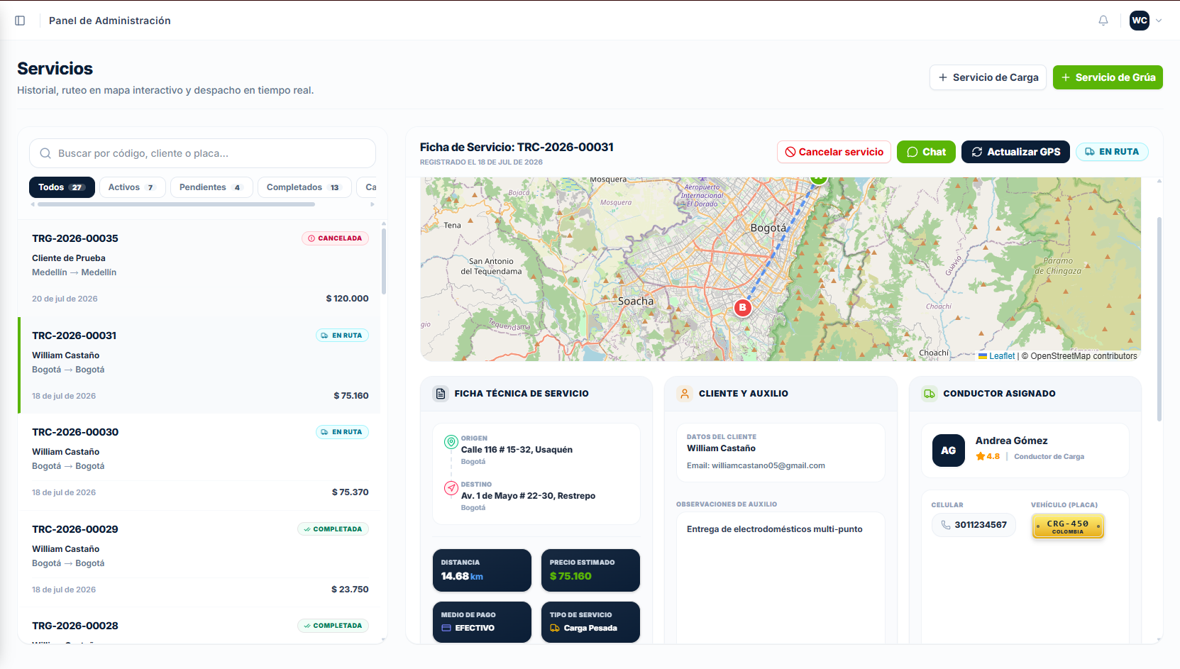Panel de Servicios - TranspiGO Admin
