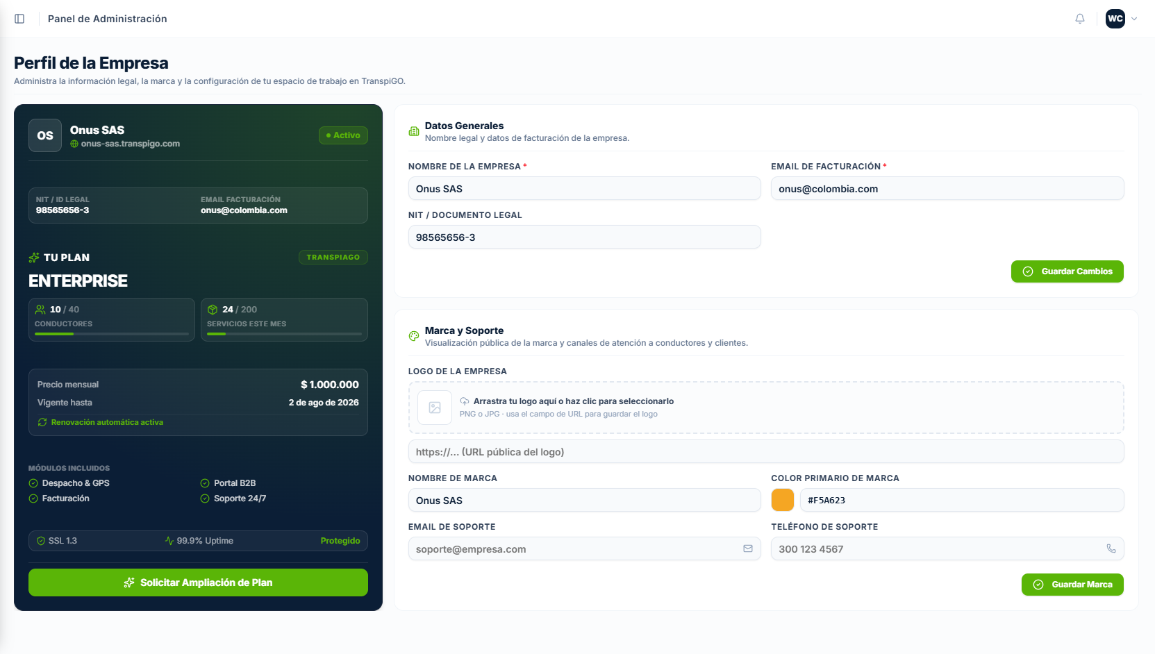 Panel de Mi Empresa - TranspiGO Admin